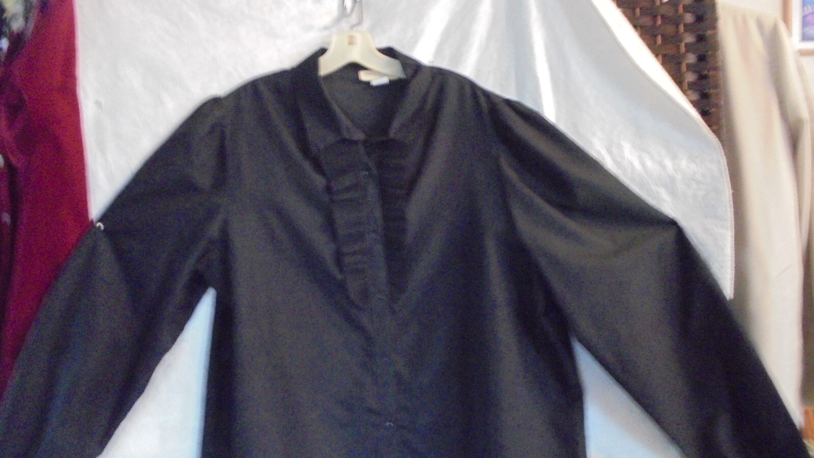 ALSO ANDREA, BLACK BLOUSE/ RUFFLE. SZ 44/24 BUST 50&Prime; DISPLAY MODEL