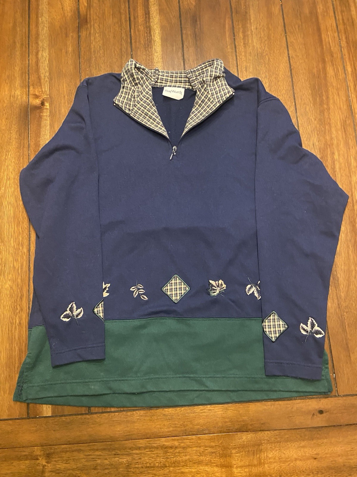 Vintage Bonworth Women’s Quarter Zip Embroidered Patchwork Fall Leaves Size L