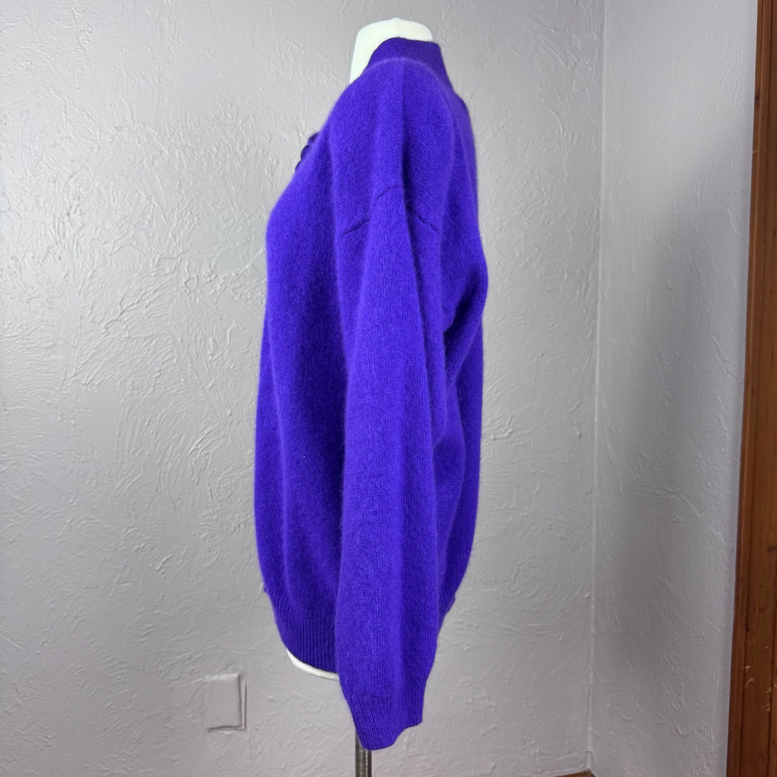 Vintage 80s purple angora lambswool sweater asymmetrical button neck large or XL