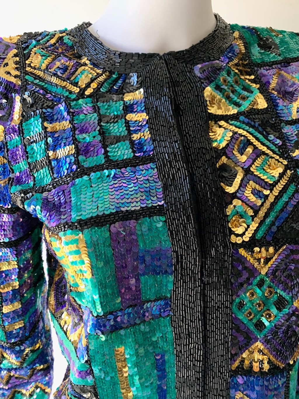 Vintage Jacket Lawrence Kazar Blue Green Silk Sequin Beaded Festival Party SMALL
