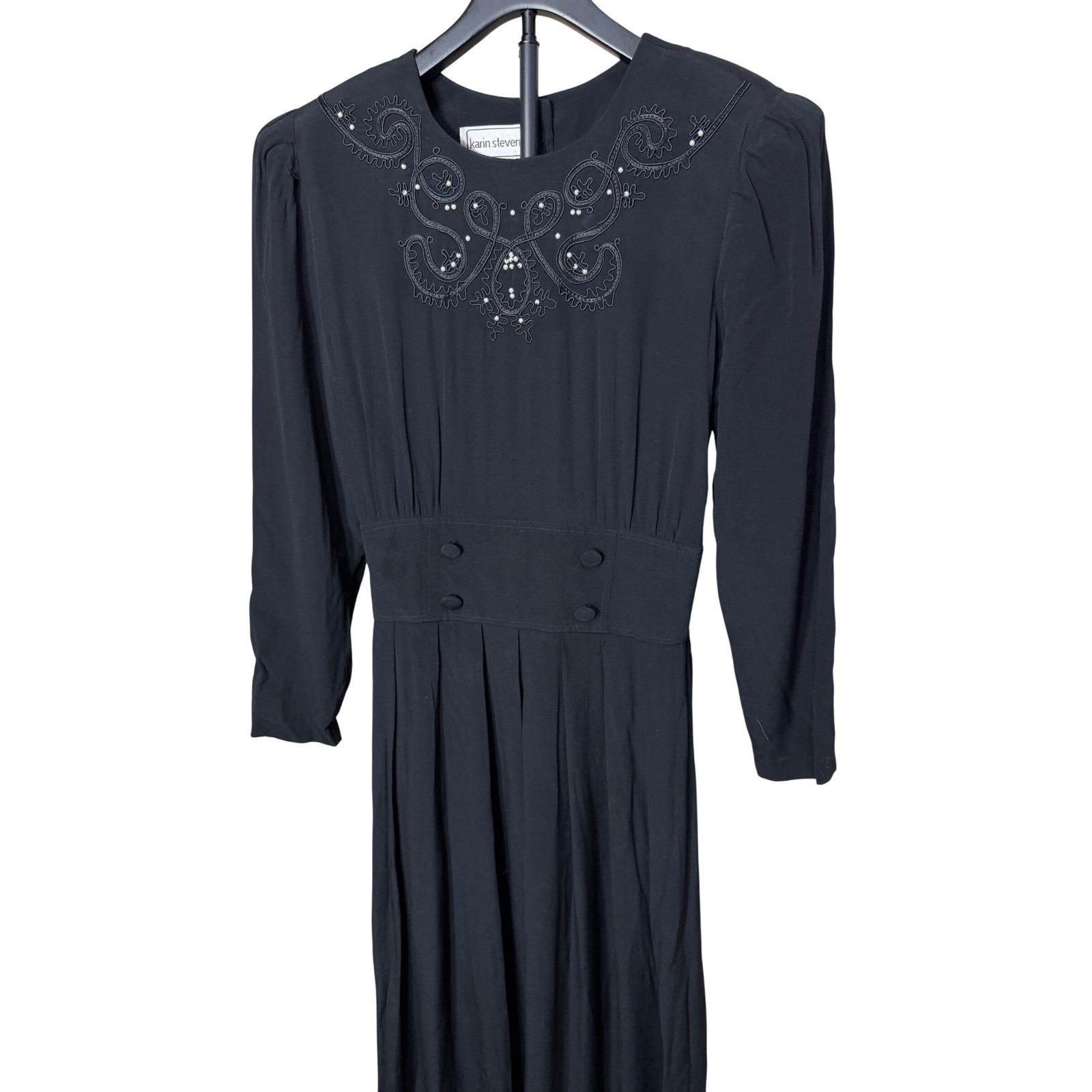 Karin Stevens Vintage Black Rayon Midi Dress Embroidered Size M