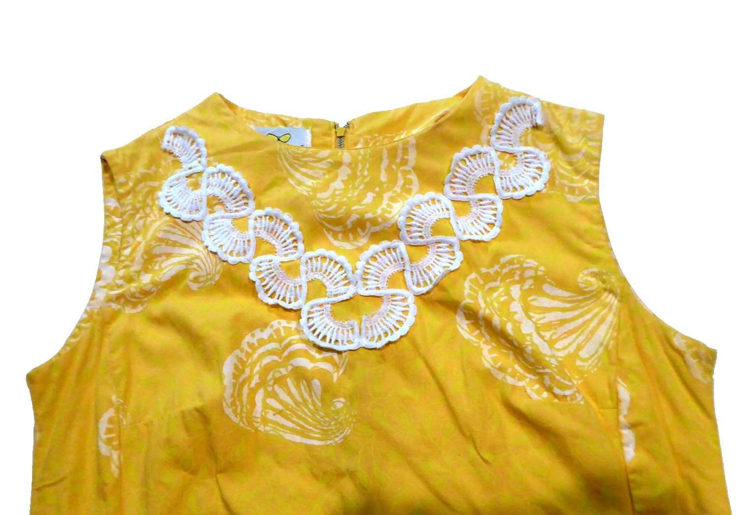VTG 60s Flutterbye Mod Shift Dress Yellow Pique Shell Lace Summer Resort Sun S