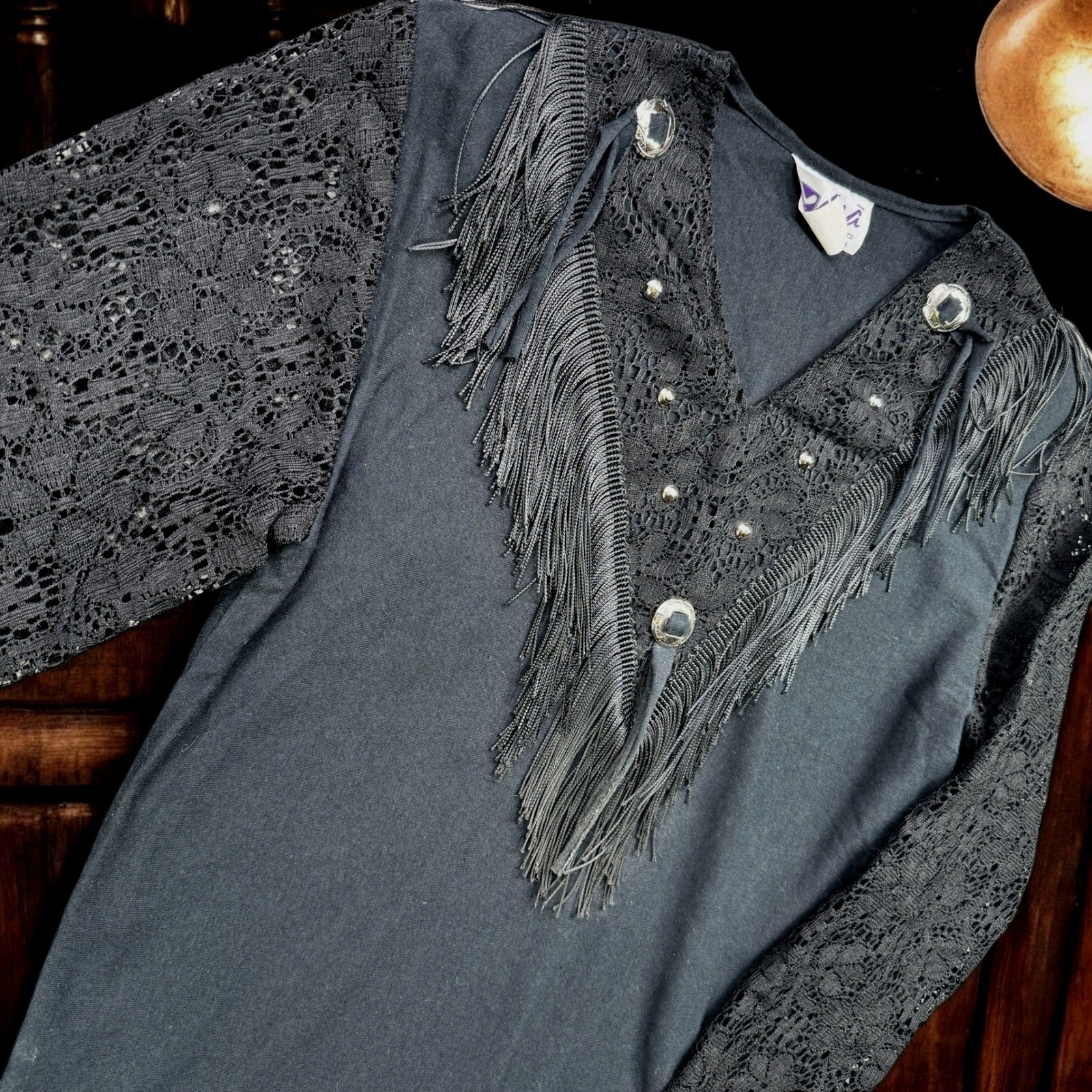 Vintage Sassa Shirt Women M Black Western Fringe Lace Top Conchos 90s Cowgirl