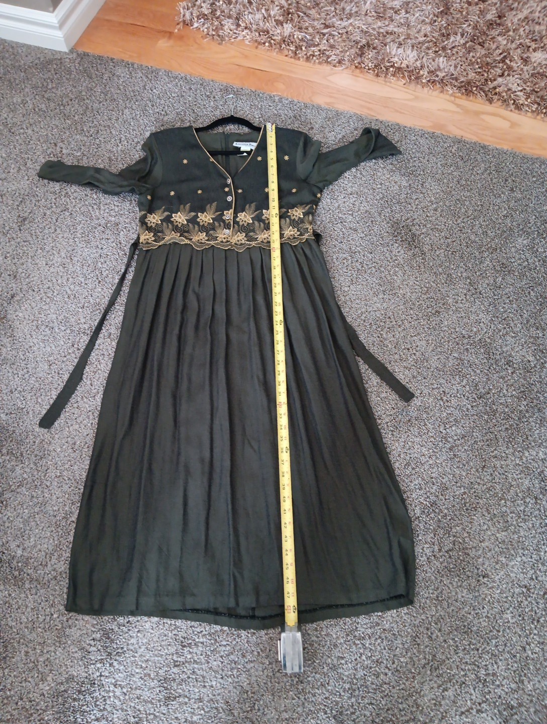 Vintage Another Thyme olive green and gold dress with 3/4 sleeve Size 10