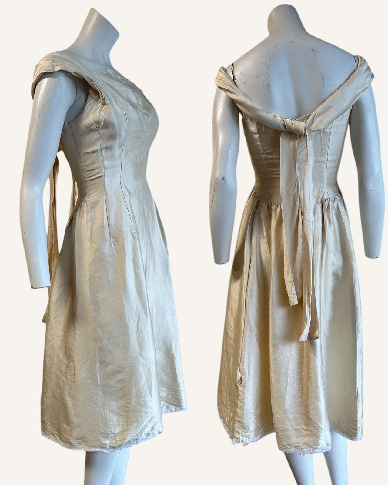 1950s Raw Silk Cream A line Evening Dress As Is Bateau Neckline Drop Waist
