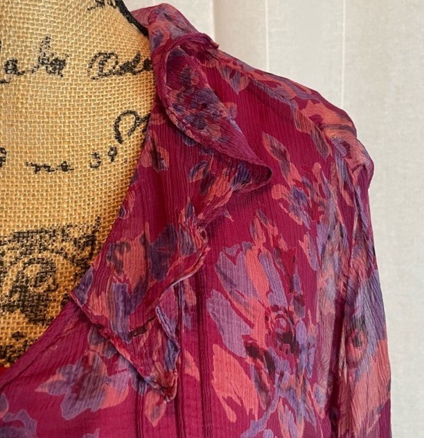 Vintage April Cornell Two Piece Blouse With Lining Maroon Floral Ruffle Sz S