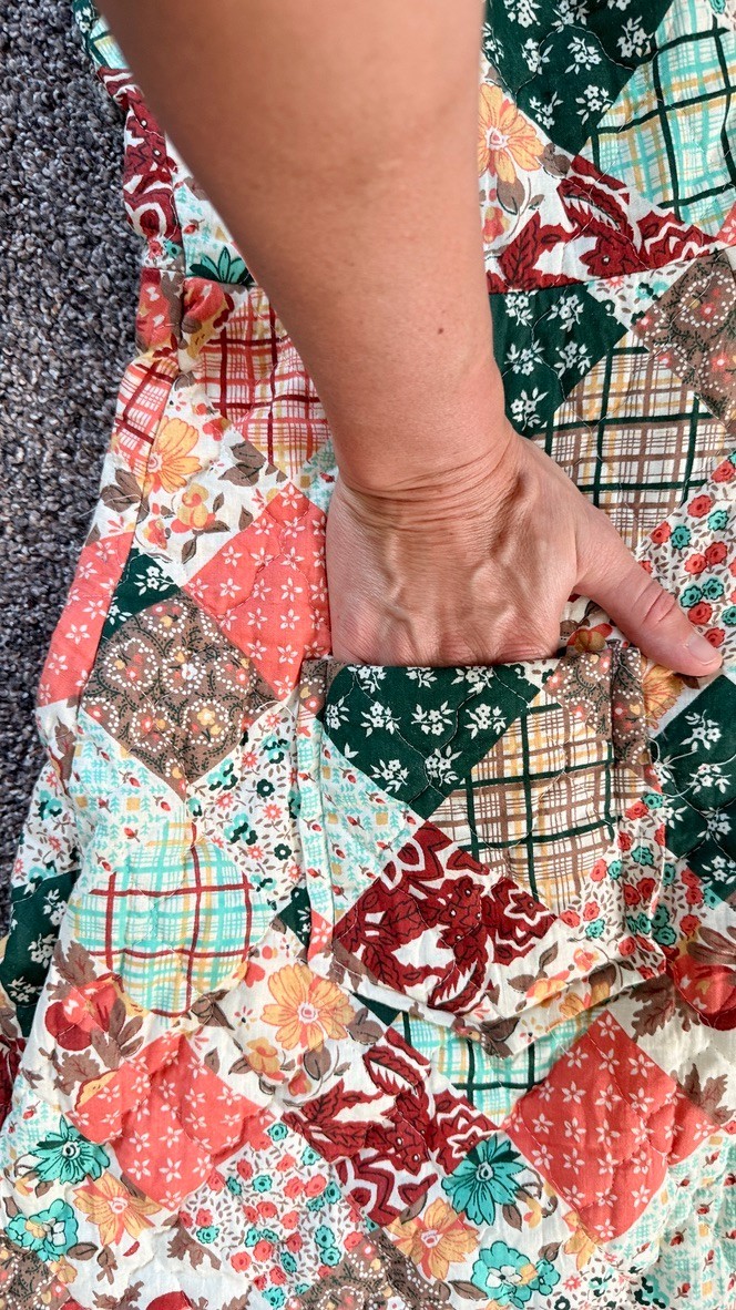 Vintage Handmade Patchwork Prairie Dress Pockets Snap Straps Cottagecore