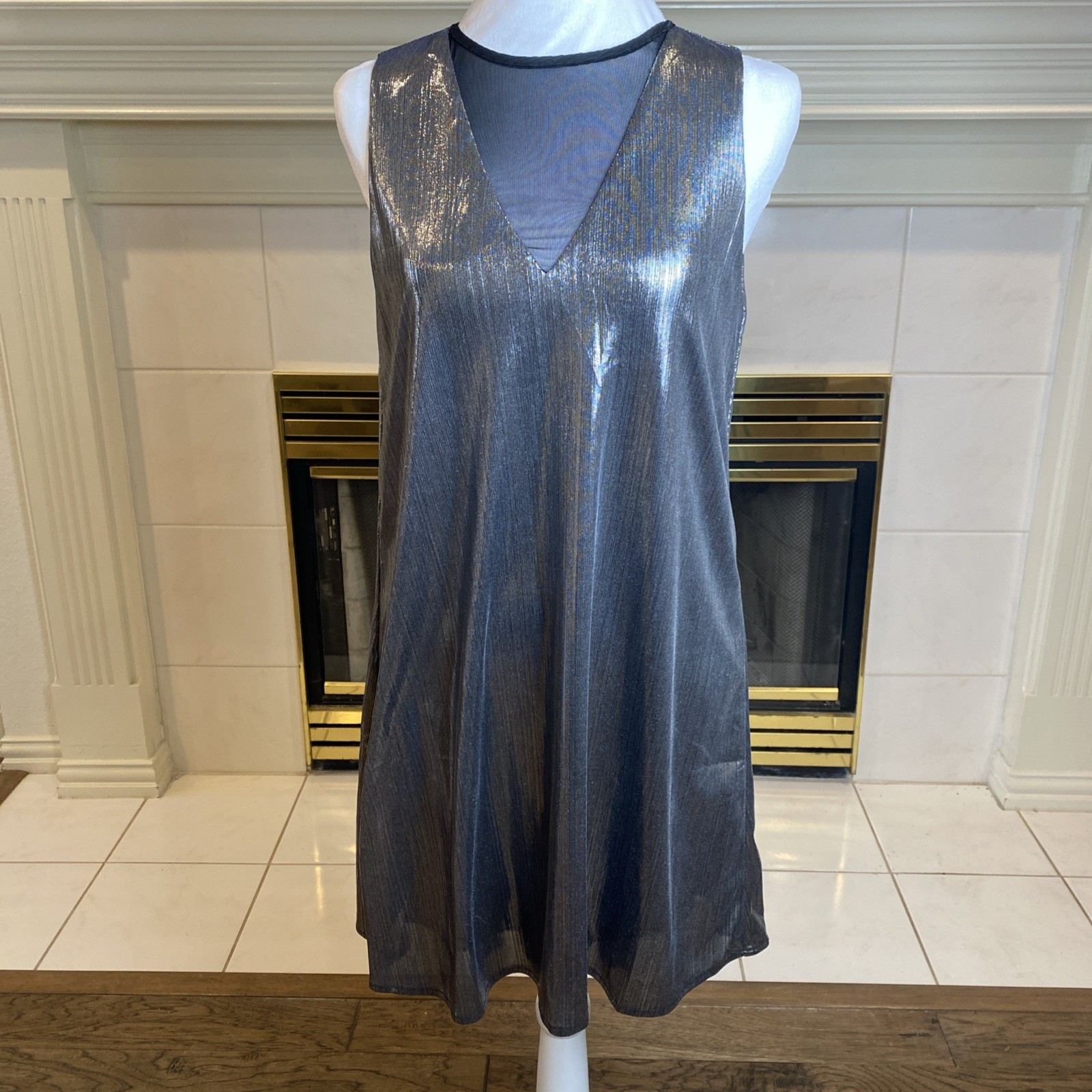 Silver Metallic Midi Dress Sleeveless Double V-Neck Shimmer Party Glam Rock Sz S