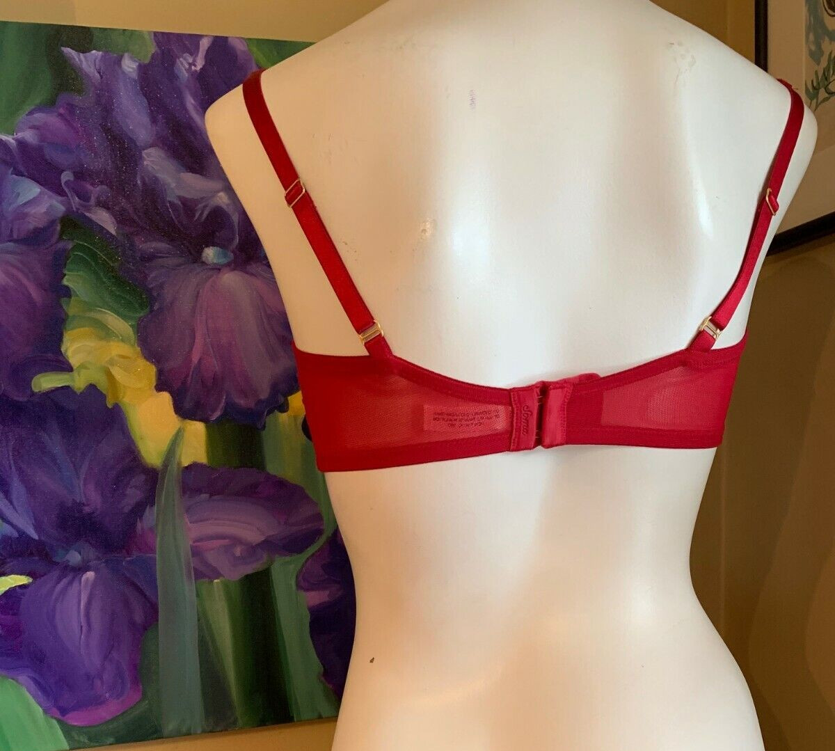 VINTAGE SOMA SPECIAL EDITION RUBY RED / TAN SENSUOUS LACE SHEER WIRELESS BRA 34C