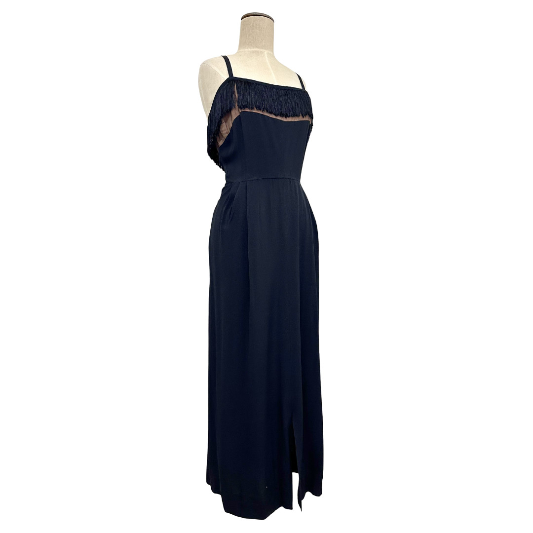 Vintage 1940s Original by Miss America Black Fringe Nude Illusion Wiggle Dress