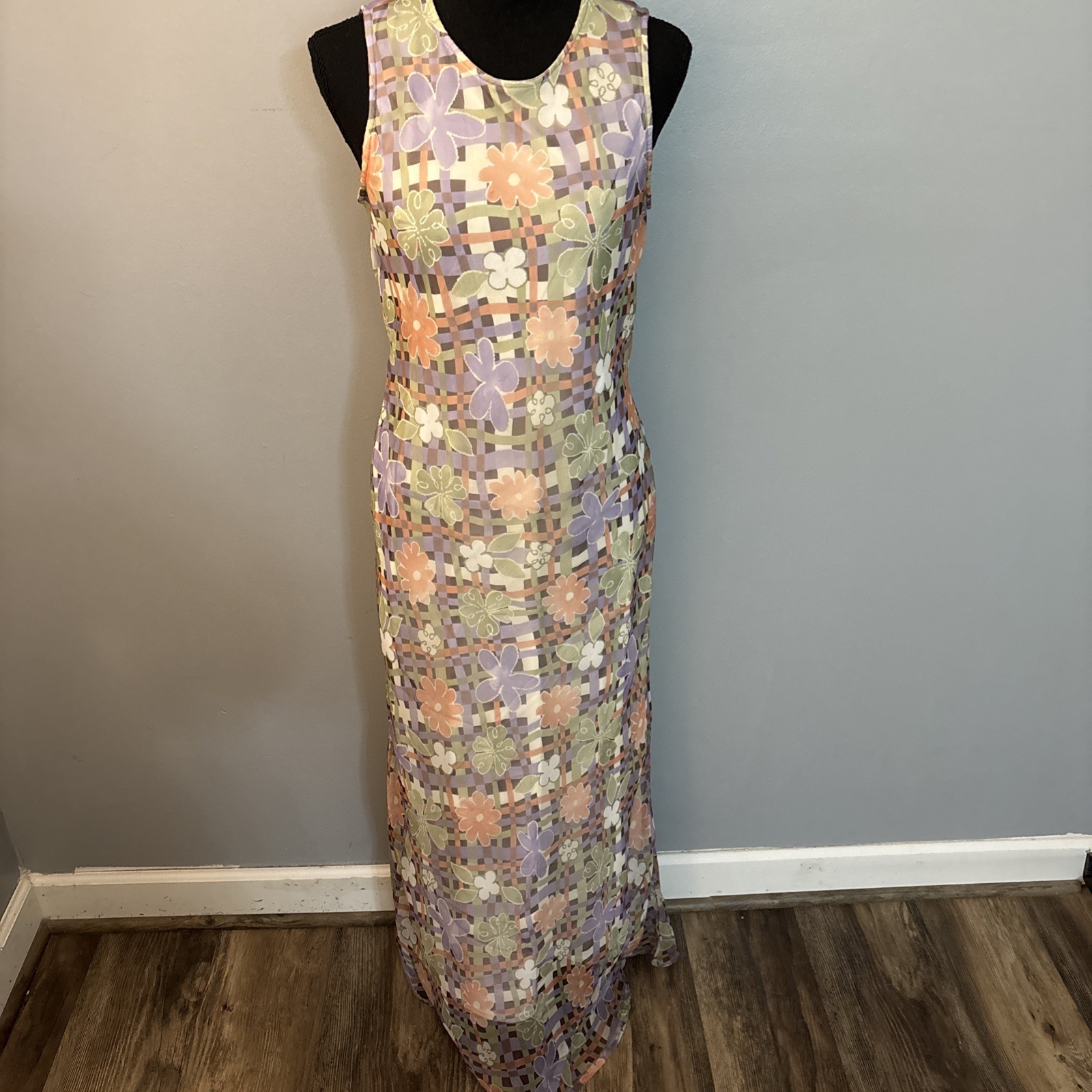 Vintage 90&rsquo;s Sheer Pastel Floral Sleeveless Maxi Dress Retro Phoebe Sz 13/14