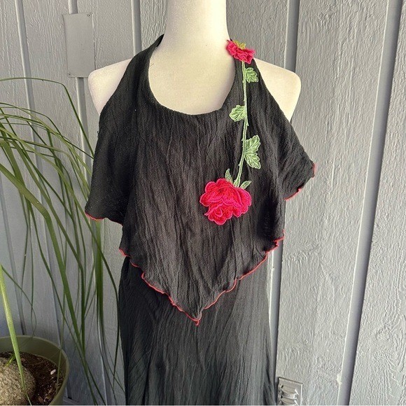 Vintage Young Edwardian Arpeja Black Dress Halter Straps Maxi Rose Gypsy Boho