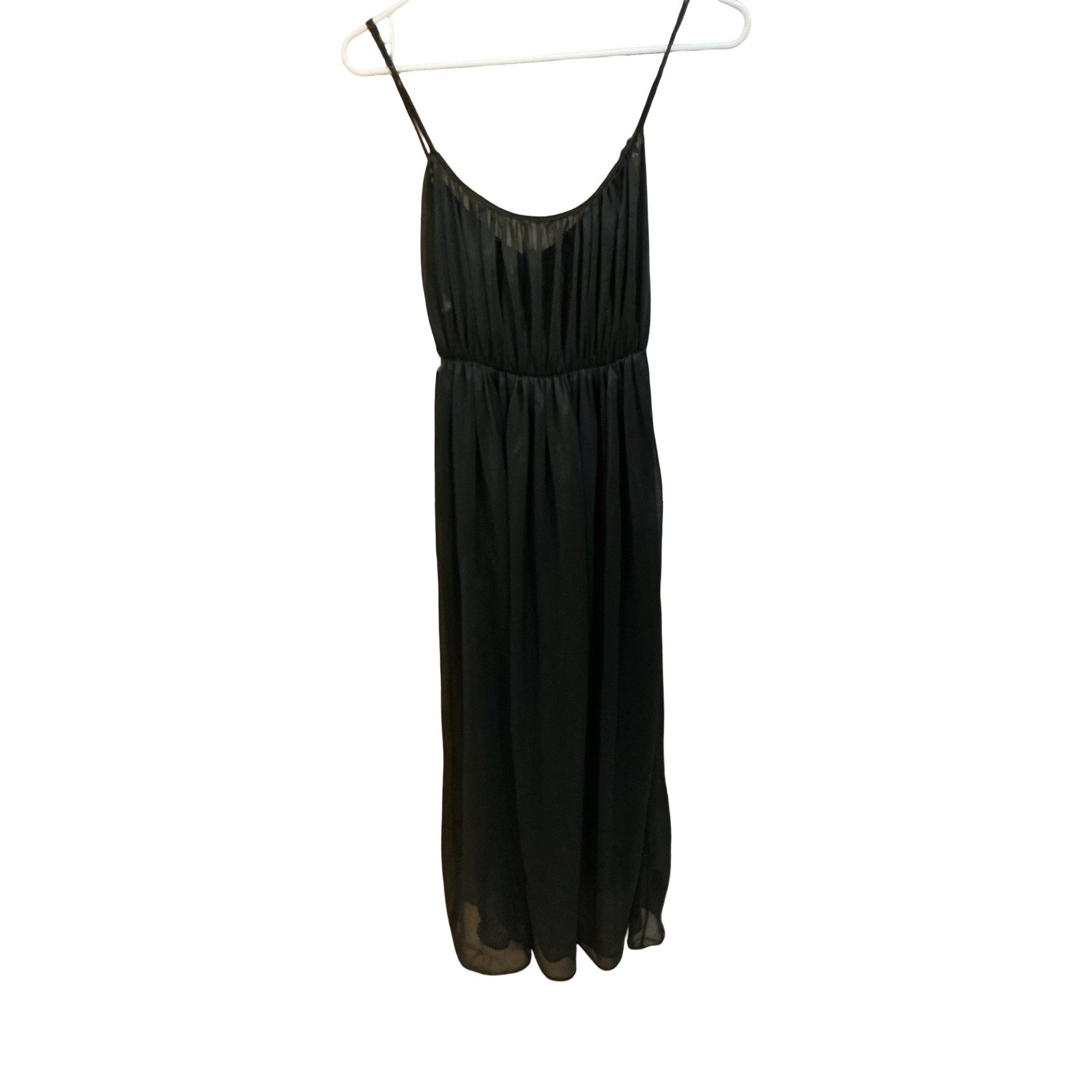 Vintage Black Sheer Empire Waist Nightgown Gold Laurel Leaf Embroidery Small