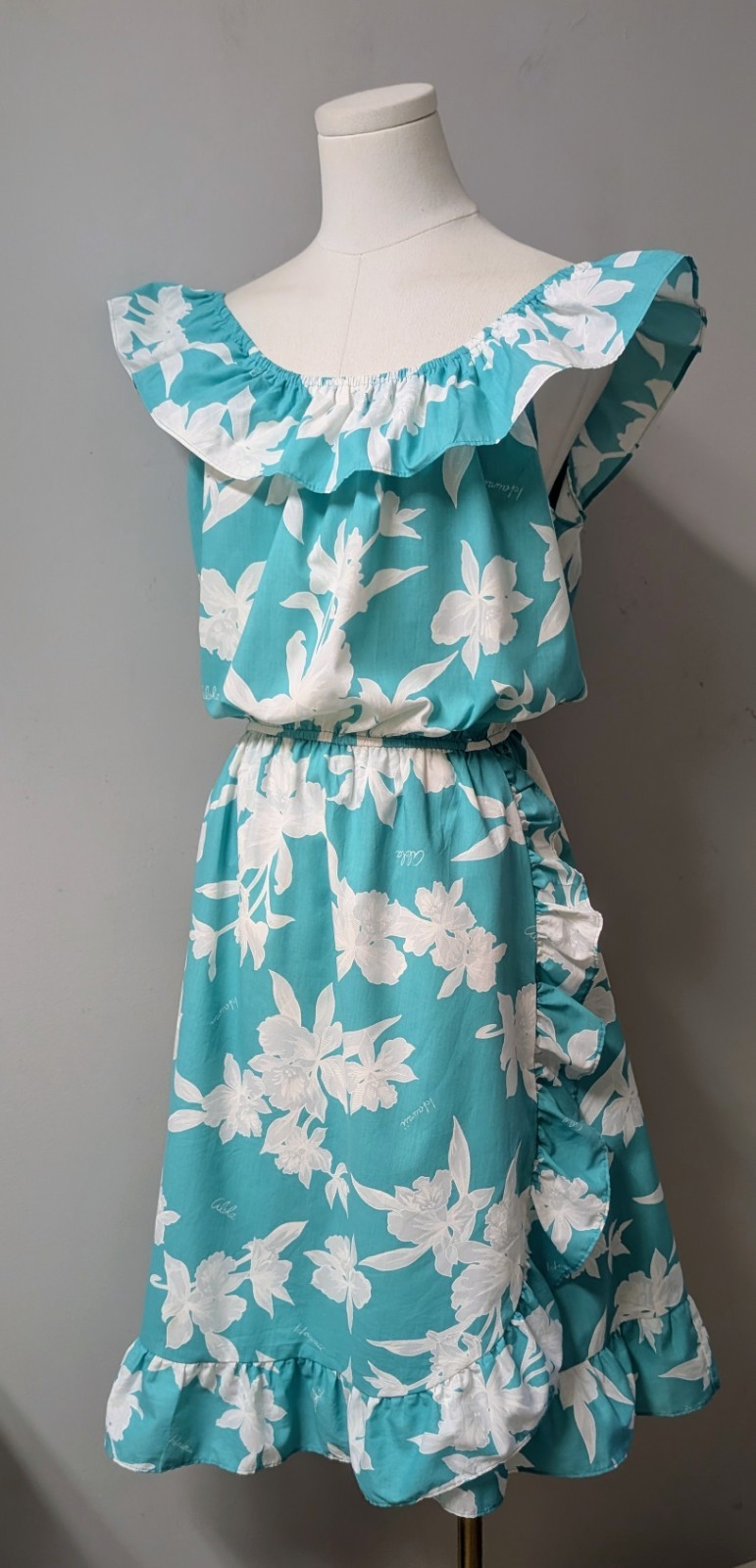 Vintage 70&rsquo;s Basically Hawaiian Aqua White Side Ruffle Dress Made In Hawaii M