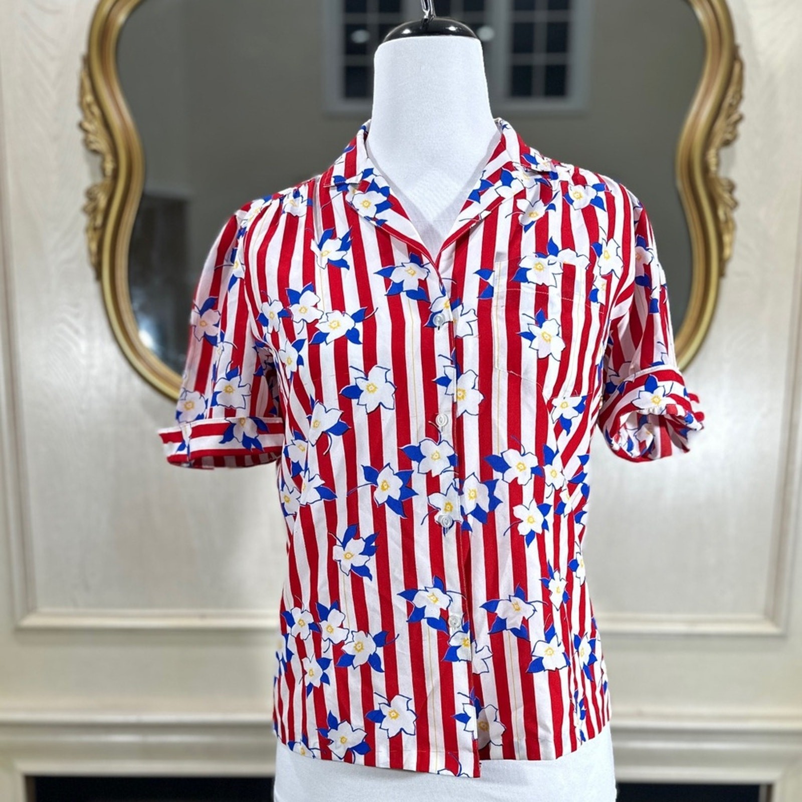 Vintage Silkhana Red White Striped Floral Button-Up Shirt | 80s 90s Blouse M