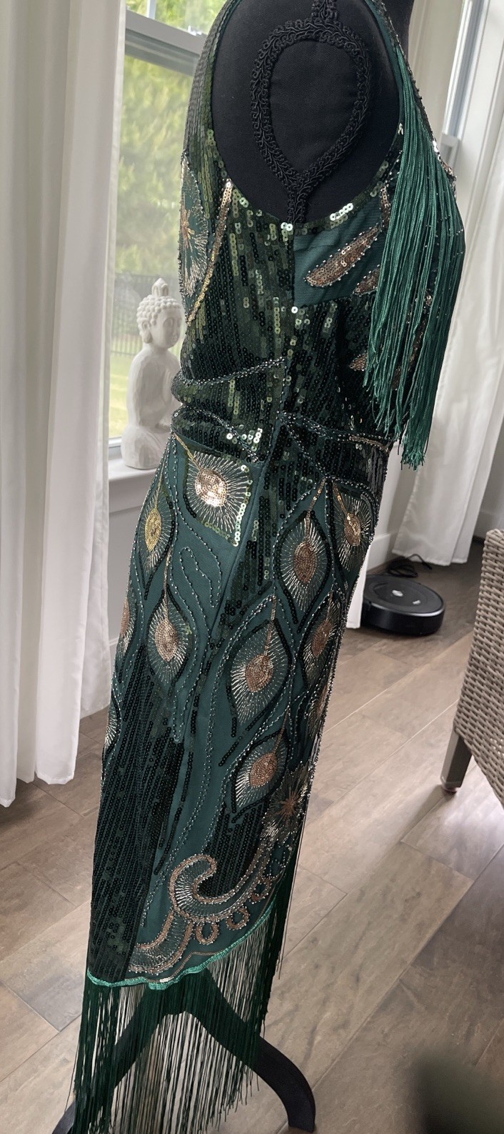 1920s Gatsby Flapper Dress Green Sequin Fringe Beaded Art Deco Evening