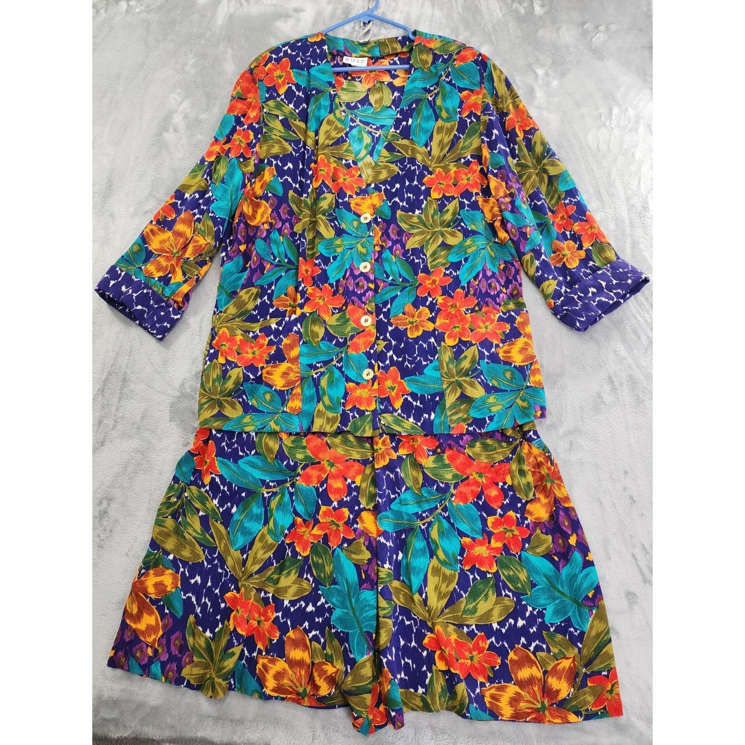 Vintage 80s Russ Colorful Blazer Culotte Pants Set Size 18 Tropical Floral Baggy