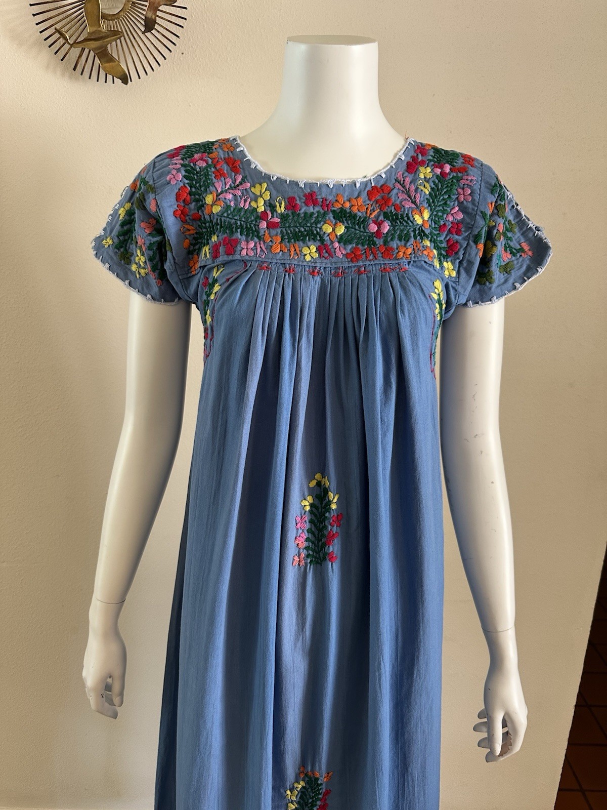 1970s Blue Cotton Oaxacan Mexican Huipil Dress Embroidered Floral Maxi Sz S VTG