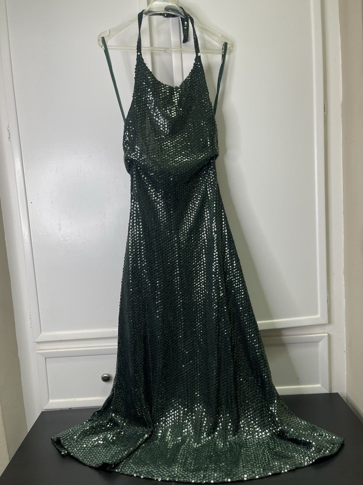 Vtg 70s Emerald Green Sequin Halter Maxi Dress ILGWU Union Made Disco Glam XS/S