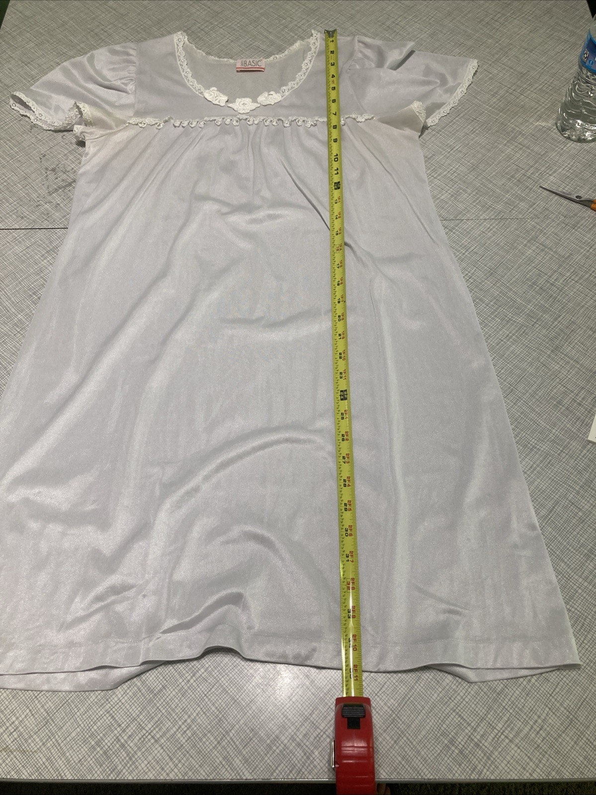Vtg 90s Simply Basic White Ivory Nylon Nightgown XS/S Lace Trim Single Stitch
