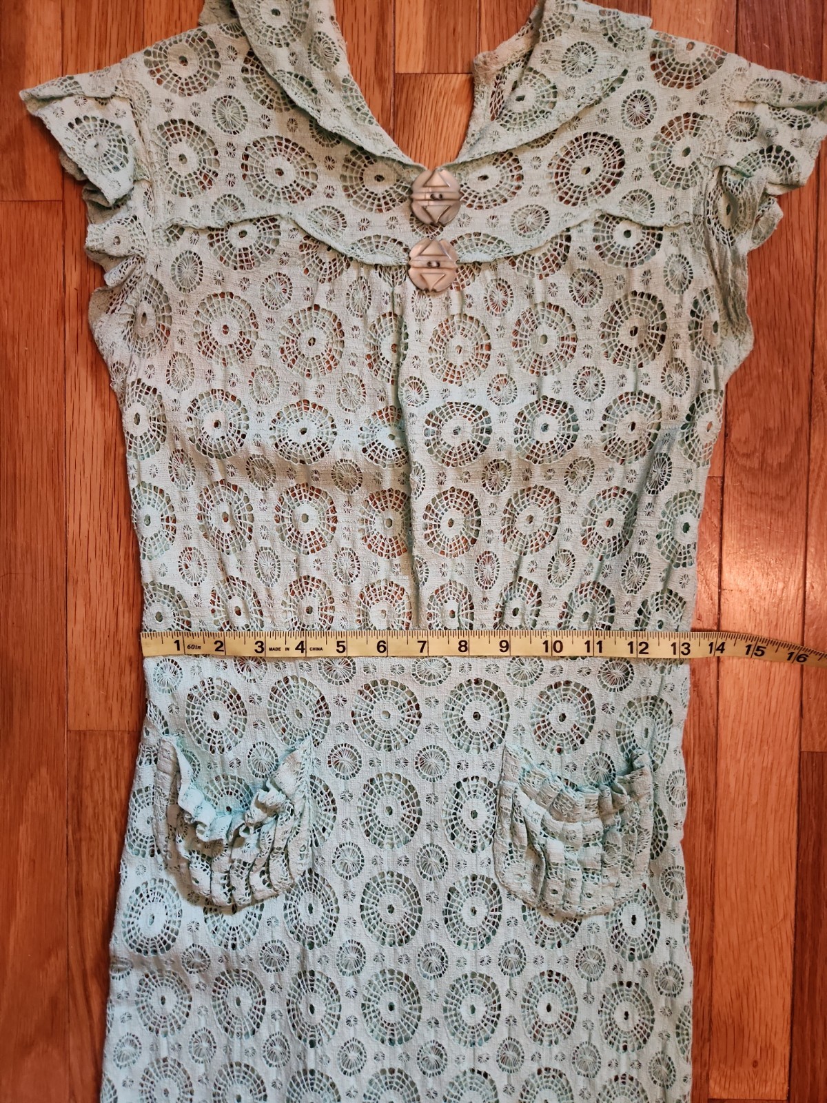 1930s Aqua Cotton Crochet Lace Dress with Cap Sleeves and Pockets XS