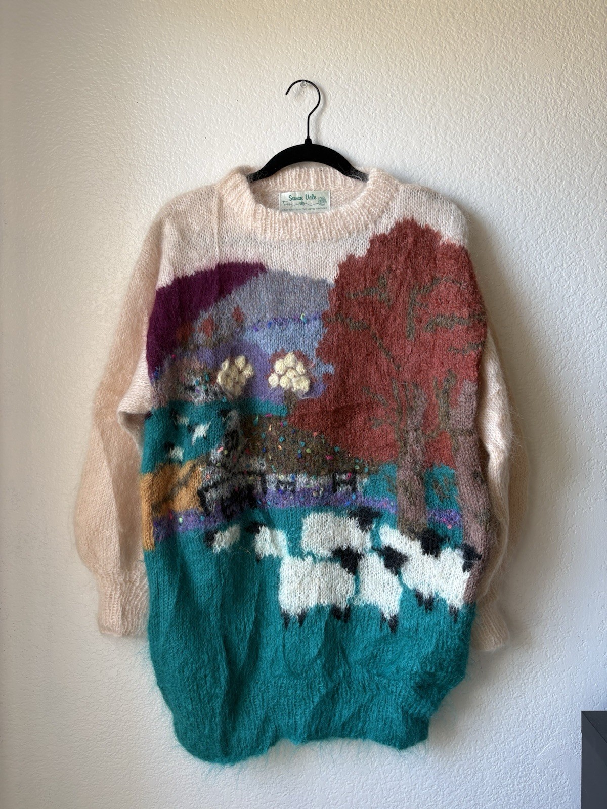 Susan Vale Hand Knitted Teal Multicolor Knit Sheep Landscape Sweater
