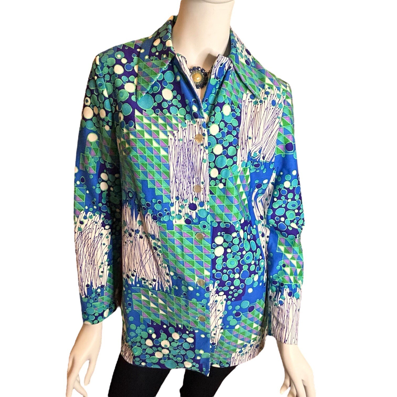 Vintage 70s Stockton Mod Blue Dagger Collar Blouse Size Vintage 14