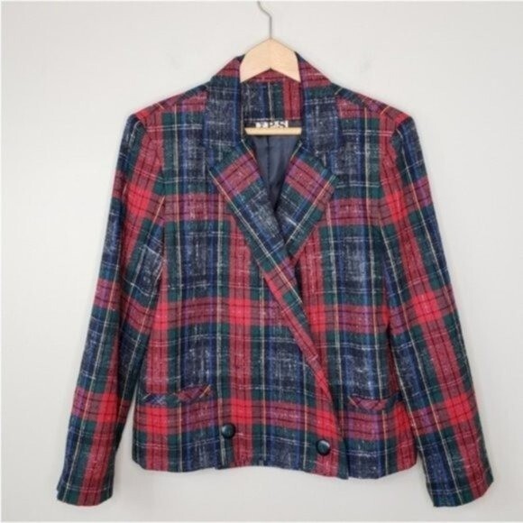 Vintage Paddle & Saddle | Red Green Blue Yellow Plaid Blazer