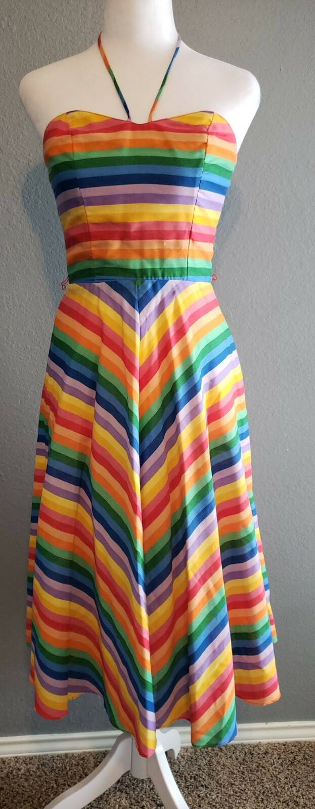 Vtg 60&rsquo;s Rainbow Chevron Stripe Mod Hippy Pride Sun Day Dress 3 XS S