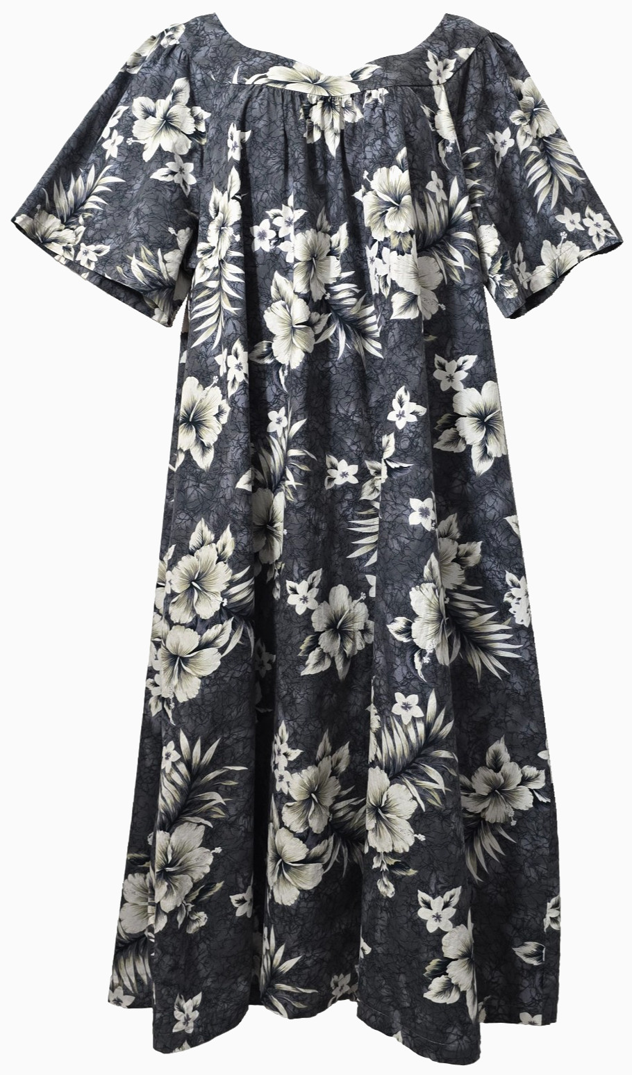 Vintage Hawaiian MuuMuu Kaftan Dress 4XL 2X 3X Hibiscus Floral Gray Black POCKET