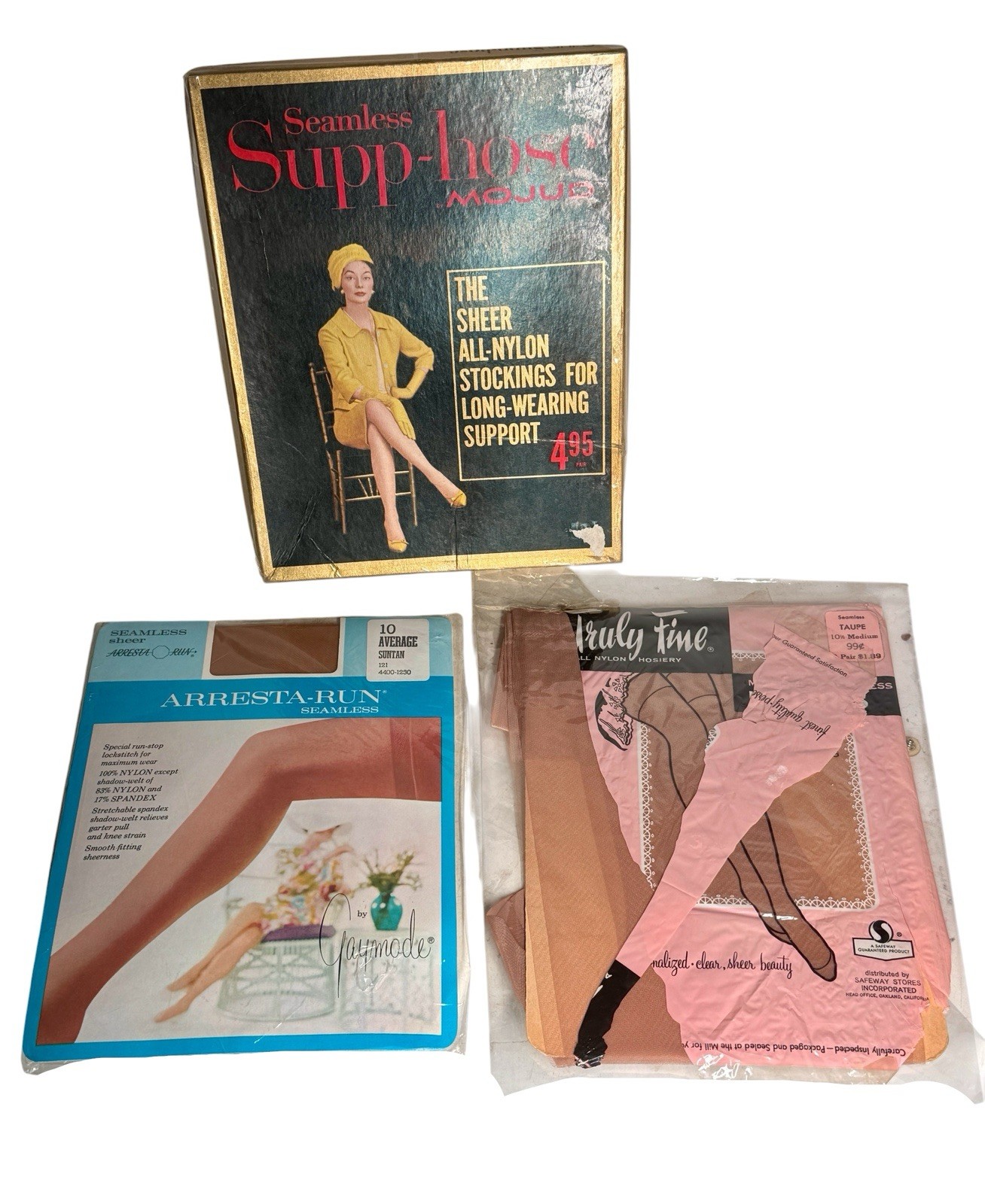 Lot of 3 Vtg 60s Stockings NOS Mojud Supp-Hose Boxed Gaymode Truly Fine Seamless