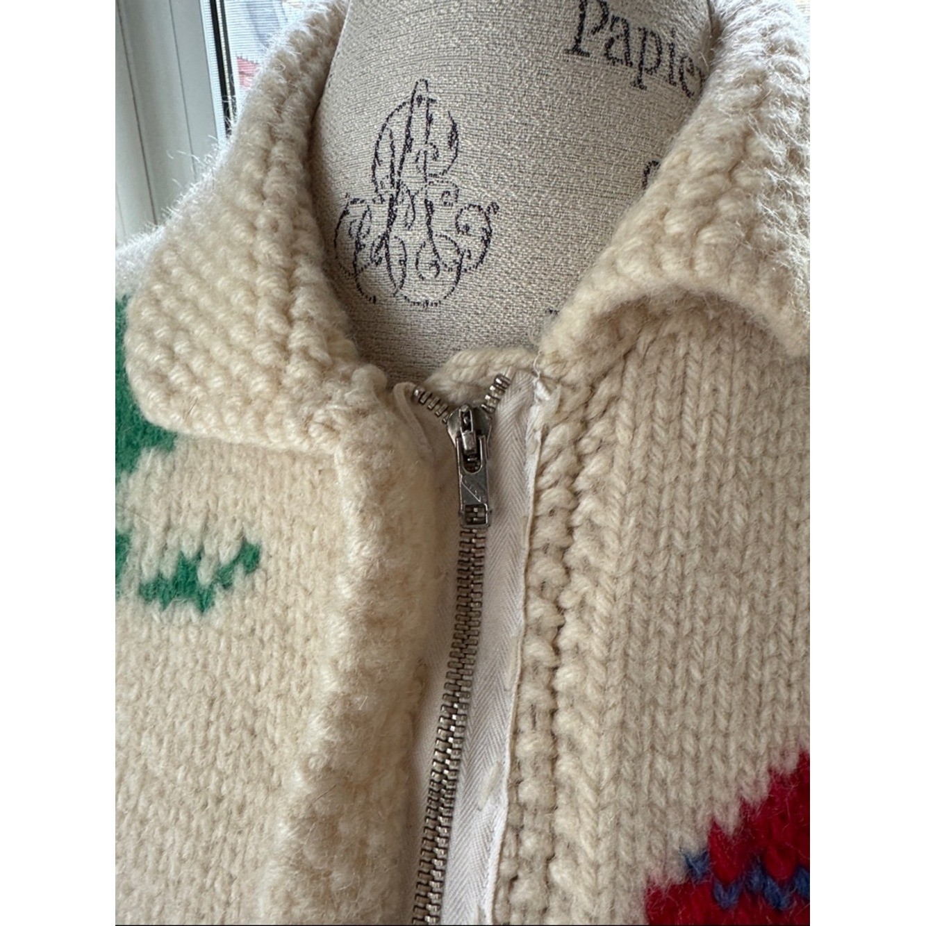 Hand knitted 1950&rsquo;s vintage wool cowichan Mexican cactus burrow metal zip cardi