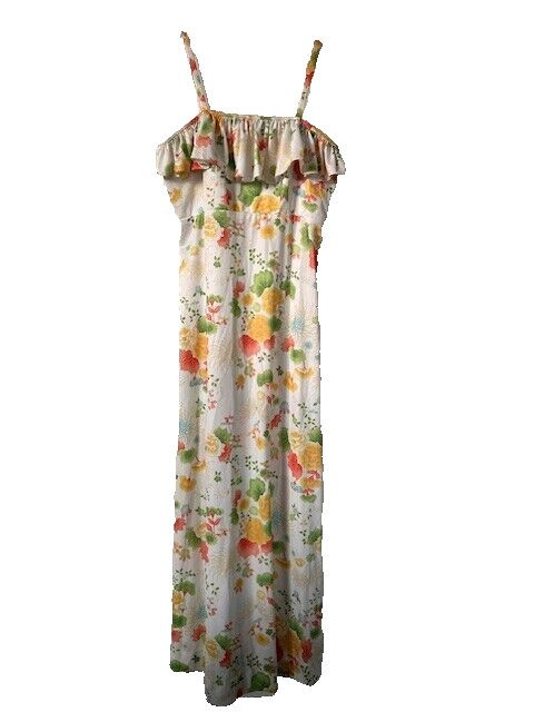 Handmade Vtg Dress Maxi Summer Yellow Floral Spaghetti Strap Ruffle Empire Waist