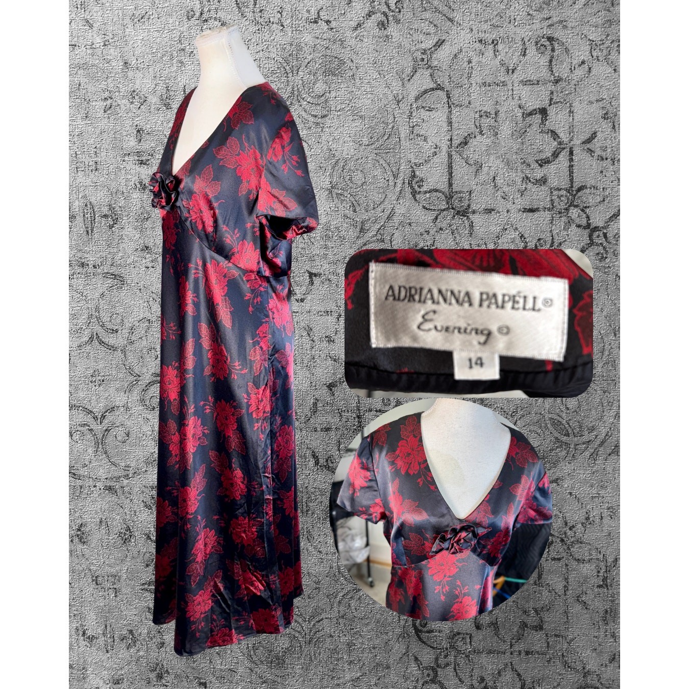 Vintage Y2K Adrianna Papell Satin Black Red Rose Brocade Drop Waist Dress 14