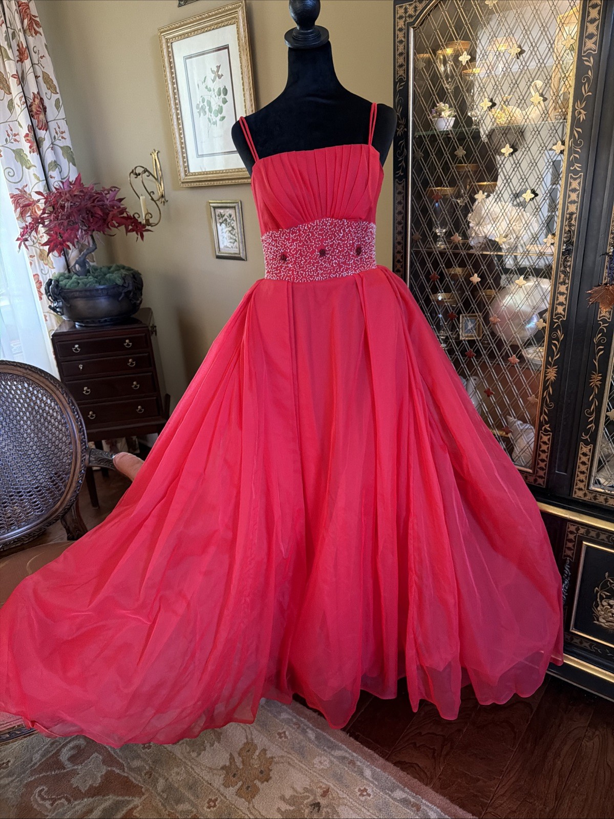 Formal 50s Movie Star Long Evening Gown Beaded Midriff Tulle Taffeta Petticoat