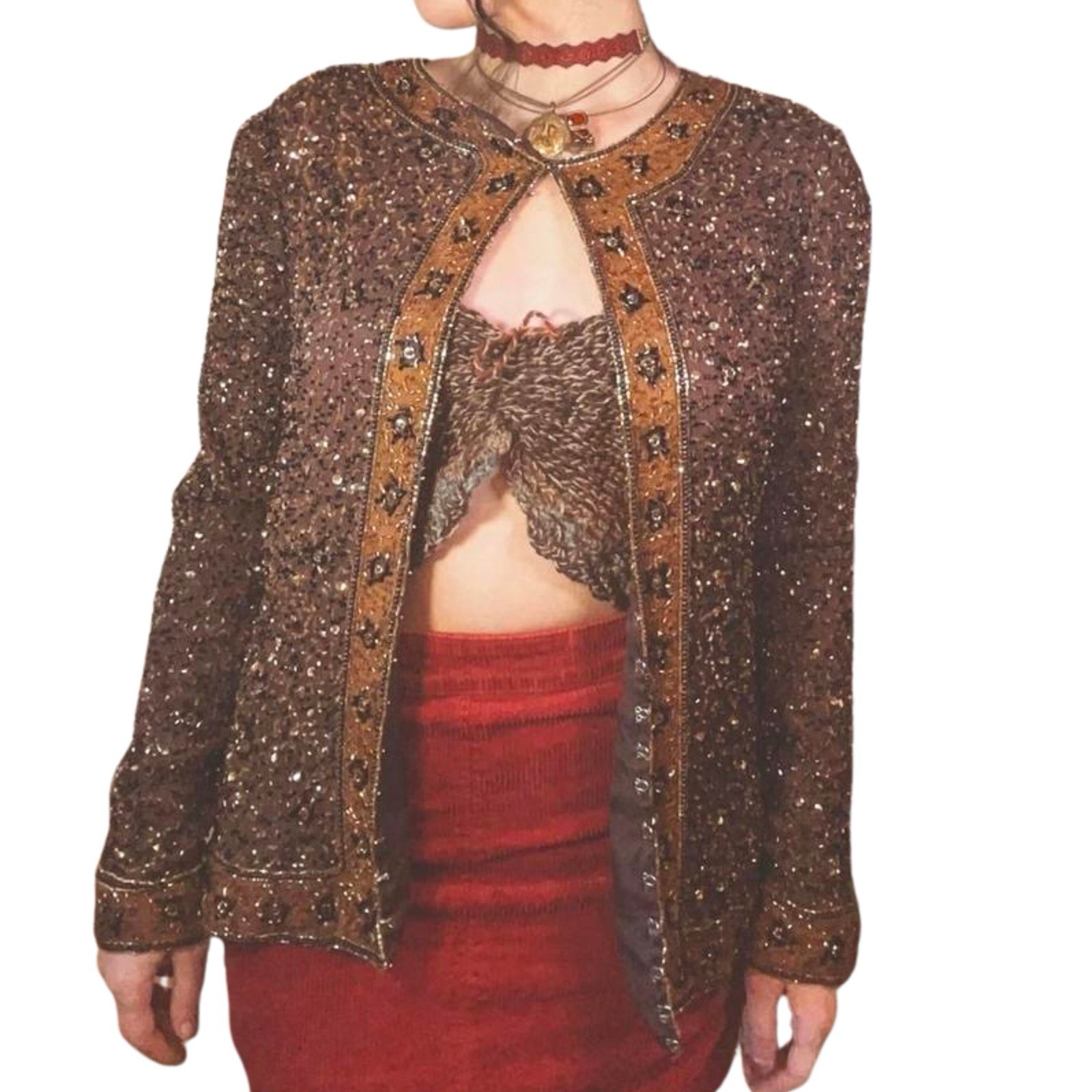 ✩ VINTAGE STENAY 100% SILK BEADED JACKET ✩ Formal Eveningwear ✩₊˚ Brown Gold