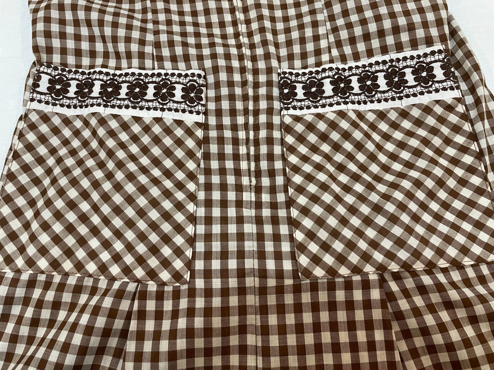 Vintage Brown White Gingham Dress Zip Up Embroidery Rockabilly Granny Core