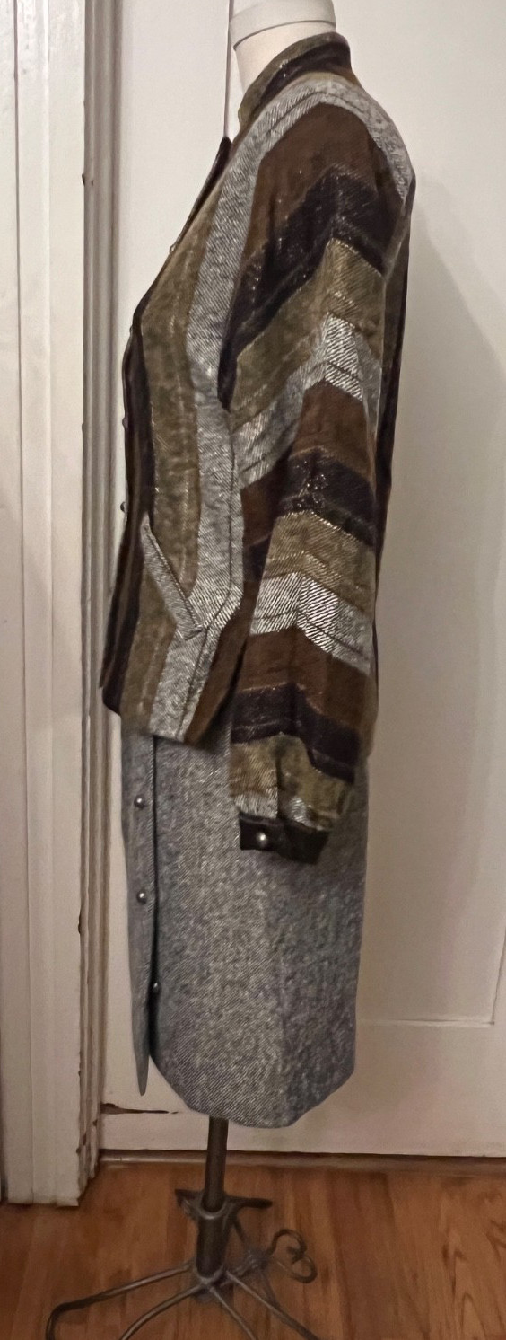 Vintage Ruth Matthews Design Tweed Wool Skirt Suit Black Brown Tan Grey Size 10