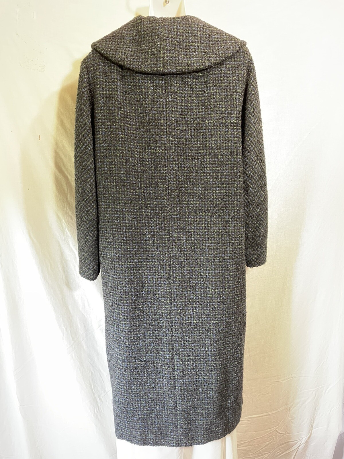 Vintage Coat Size Medium Large Long Wool Black Blue Green Gingham Overcoat M L