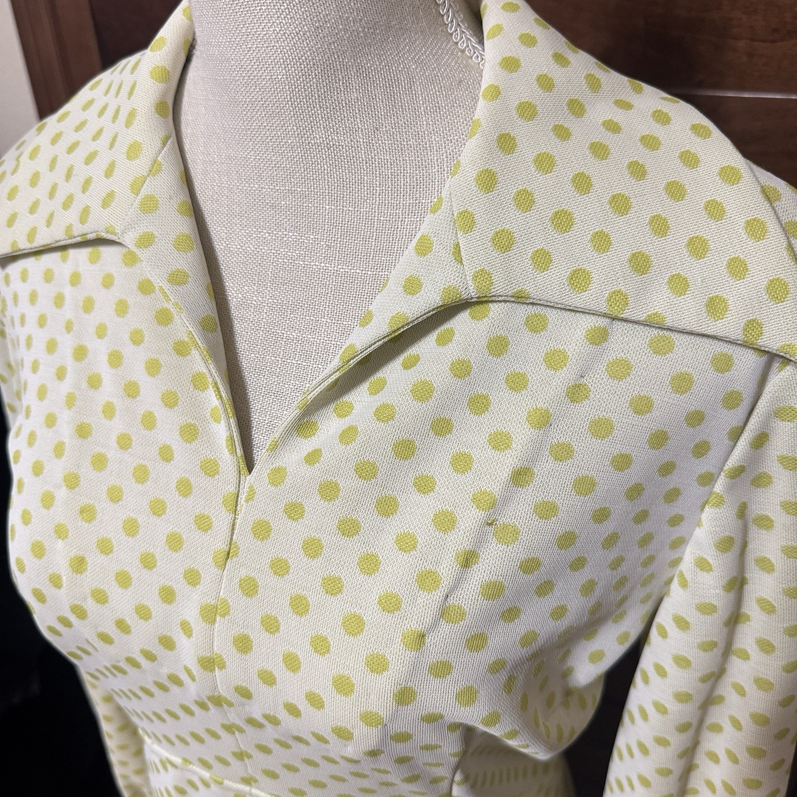 Vintage Maxi Dress 70s Yellow Polka Dot Homemade Prom Dagger Collar Mod Sz M