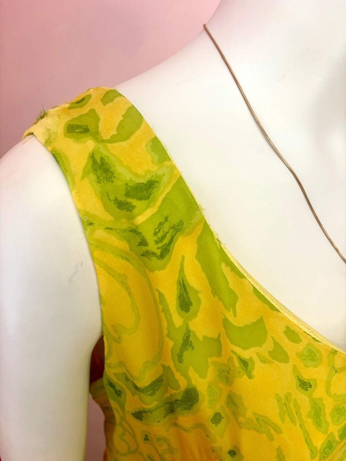 VTG 60s Mod Shift Dress abstract Yellow Green Floral Print chiffon A-Line S/M