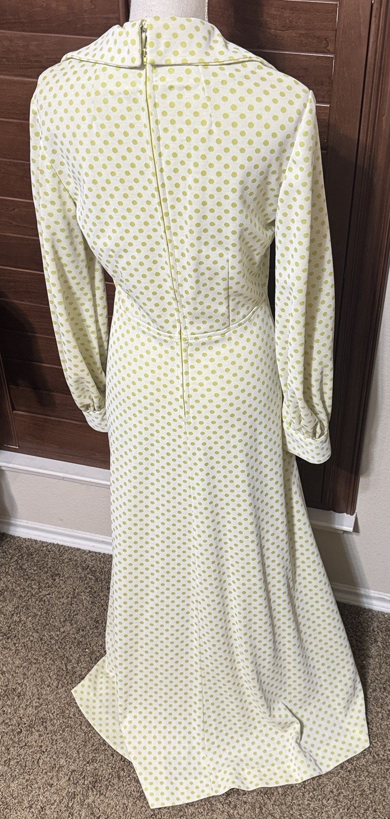 Vintage Maxi Dress 70s Yellow Polka Dot Homemade Prom Dagger Collar Mod Sz M