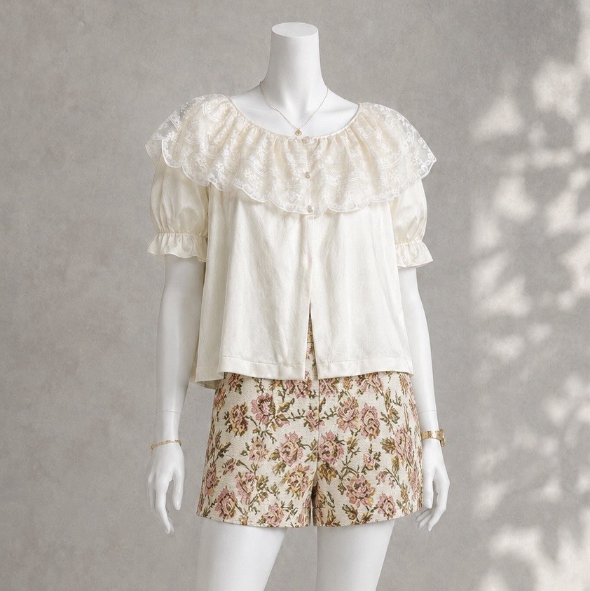 Vintage Ivory Lace Bed Jacket M Cropped Open Front Coquette Boudoir Nylon Top