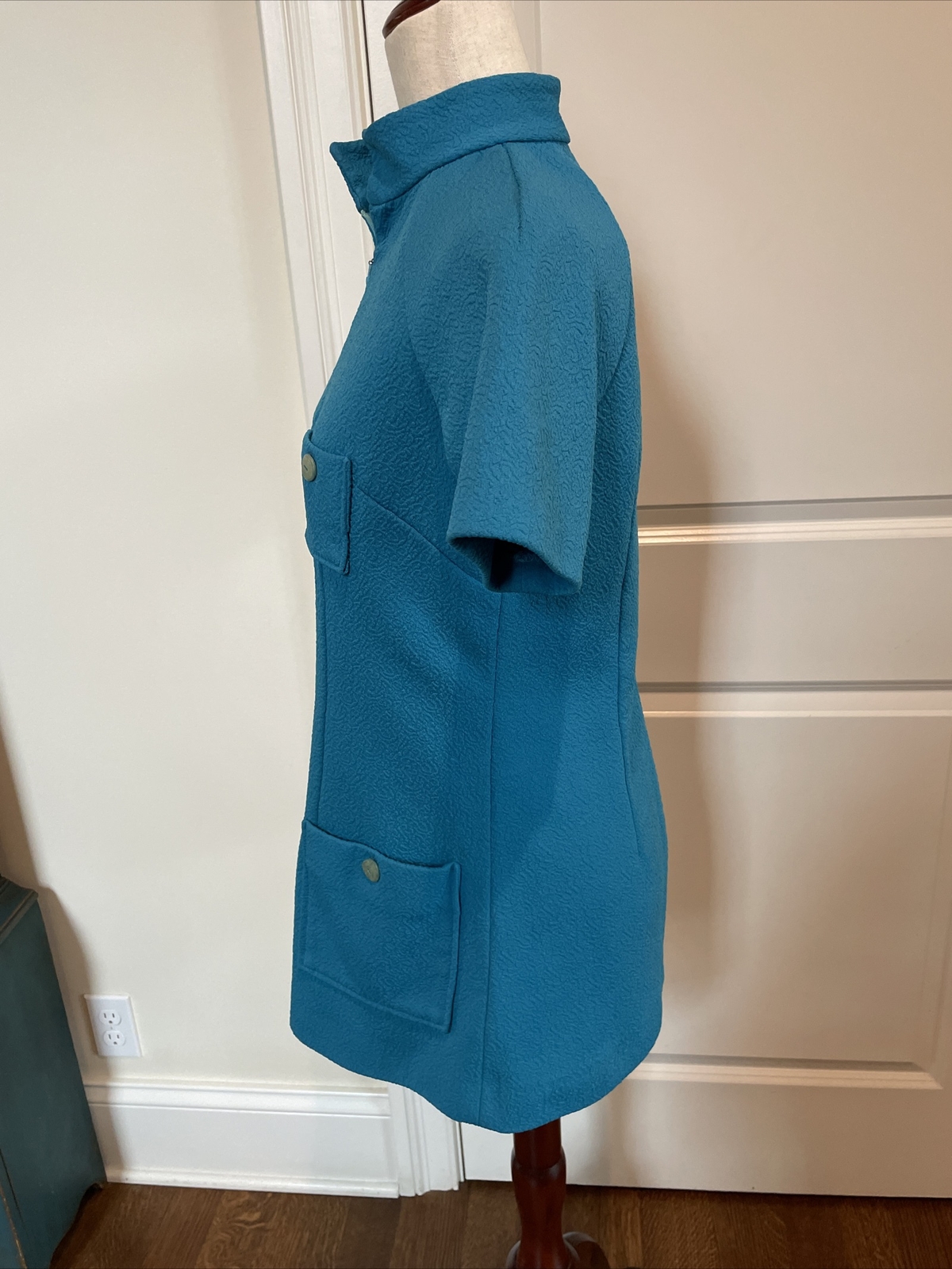 Vintage 60s 70s Medium Tunic Top Mod Retro Damask Aqua Blue Zip Up Short Sleeve