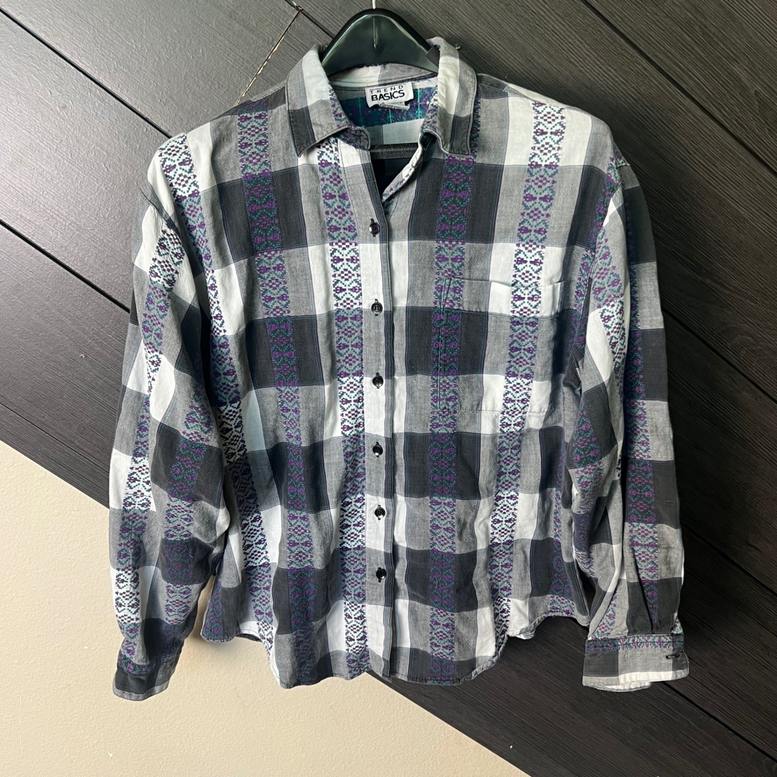 Vintage Trend Basics Women&rsquo;s Plaid Button Front Shirt Large Gray Purple 90s