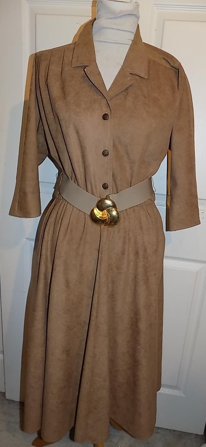 Vintage 70s Brown Suedecloth Shirt Dress Stuart Alan Size 14 B40