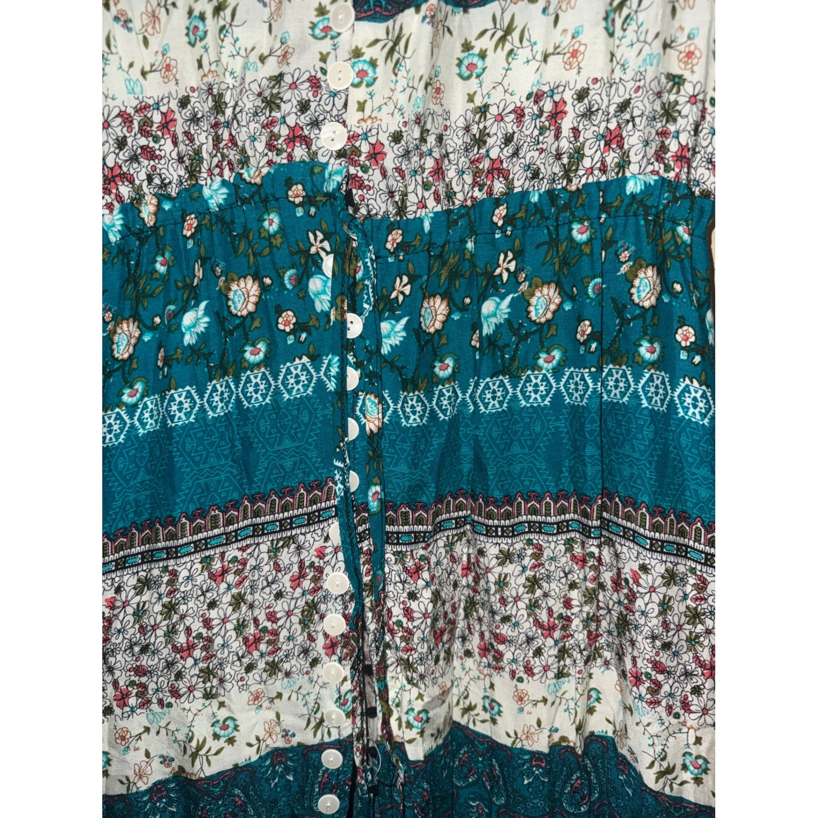 Womens Teal Floral Patchwork Boho Button Front Maxi Dress XXL Drawstring Artsy