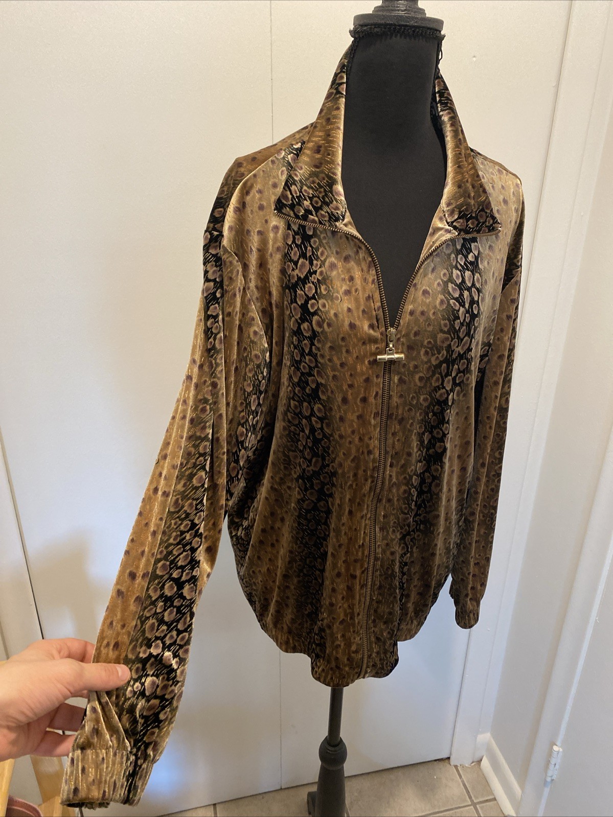 Silver Threads Vintage 80s Metallic Velvet Animal Print Jacket Gold SZ L Made US