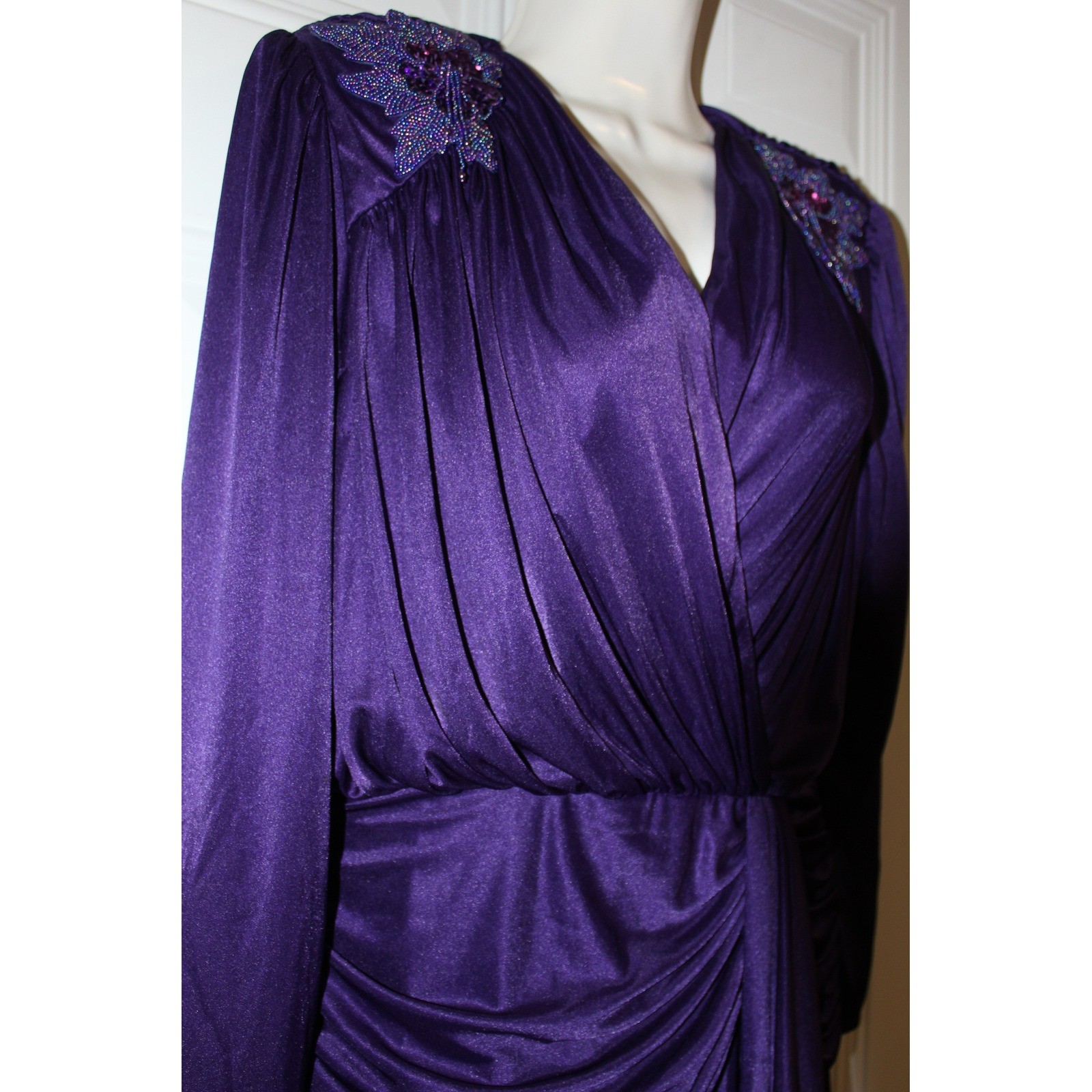 Abby Kent Vintage 80s Purple Beaded Sequin Ruched Dress SZ 14 USA Whimsical Glam