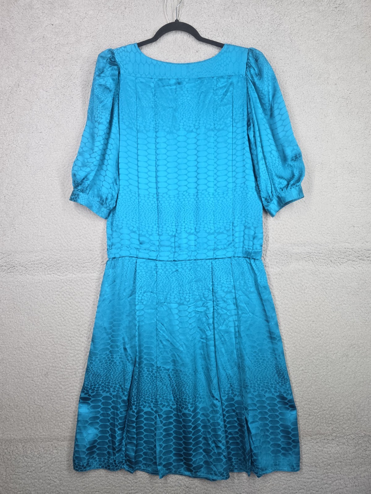 Vintage 80s Silk Teal Dress Size 8 Argenti Pleated Drop Waist Satin 3/4 Sleeve